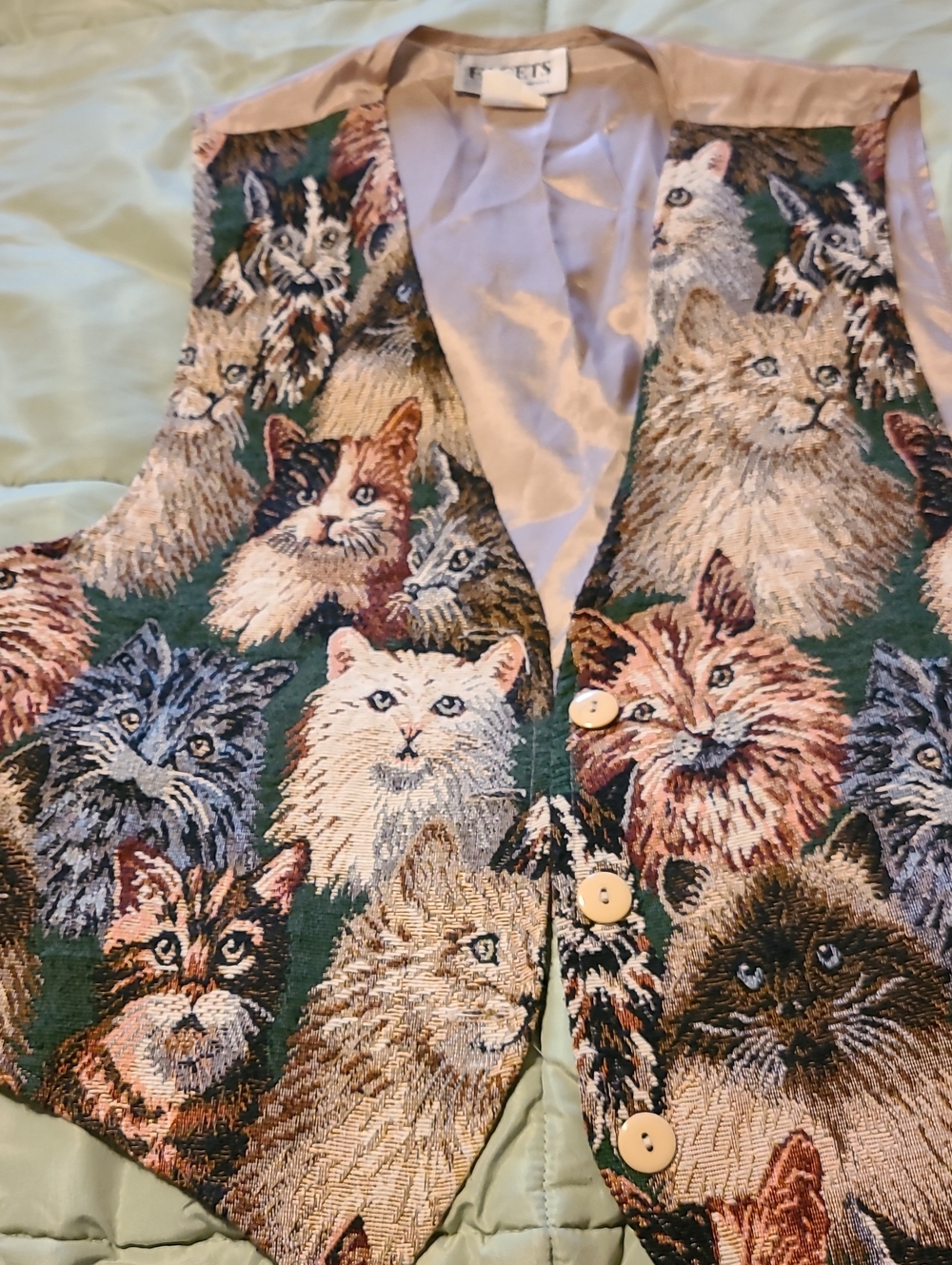 Cat Tapestry Vest in Green - Women's Button Front Blouse